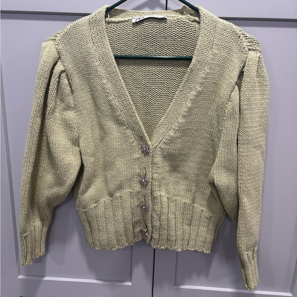 Zara sage chunky knit cardigan with embellished rhinestone buttons Size S